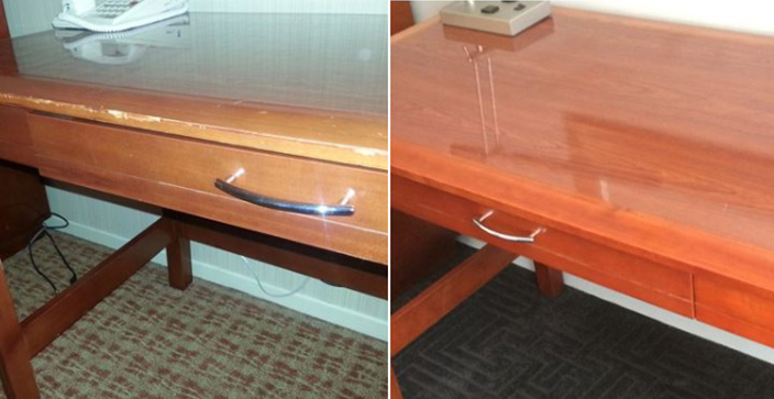 Restored wooden furniture in a hotel guest room