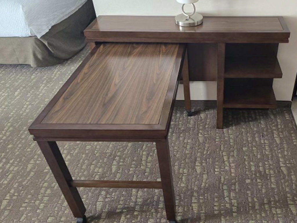 Freshly refurbished table in a hotel lobby